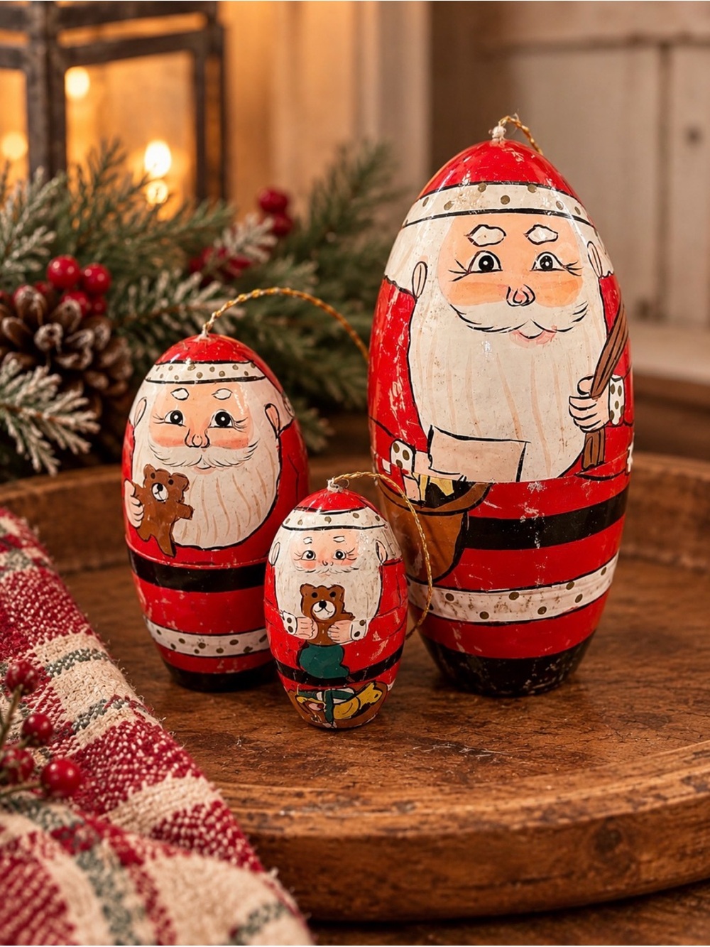 Vintage Nesting Santa Ornaments Set of 3 Hand Painted Wood Christmas Holiday